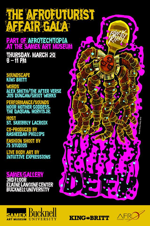 flier for afrofuturist affair gala event at samek art museum at bucknell university, with several performers