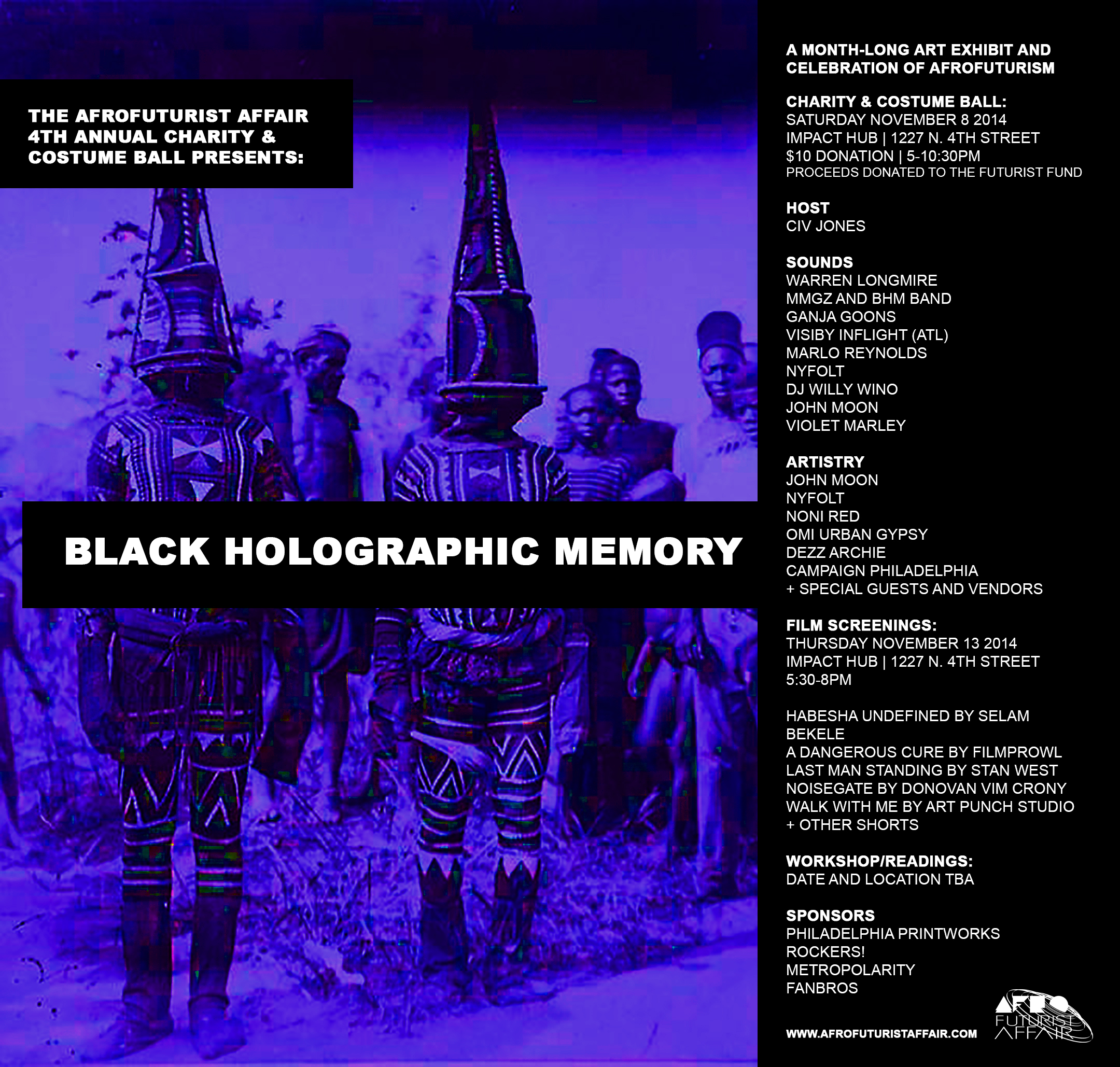 flier for BLACK HOLOGRAPHIC MEMORY afrofuturist affair costume & charity ball 2014